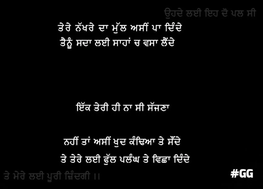 Tere nakhre da mul asin pa dinde  tainu sada lai sahaan vich vsaa lainde ik teri hi naa c sajhna nahi tan asin khud kandiyaan te saunde te tere lai ful plangh te vishaa dinde
