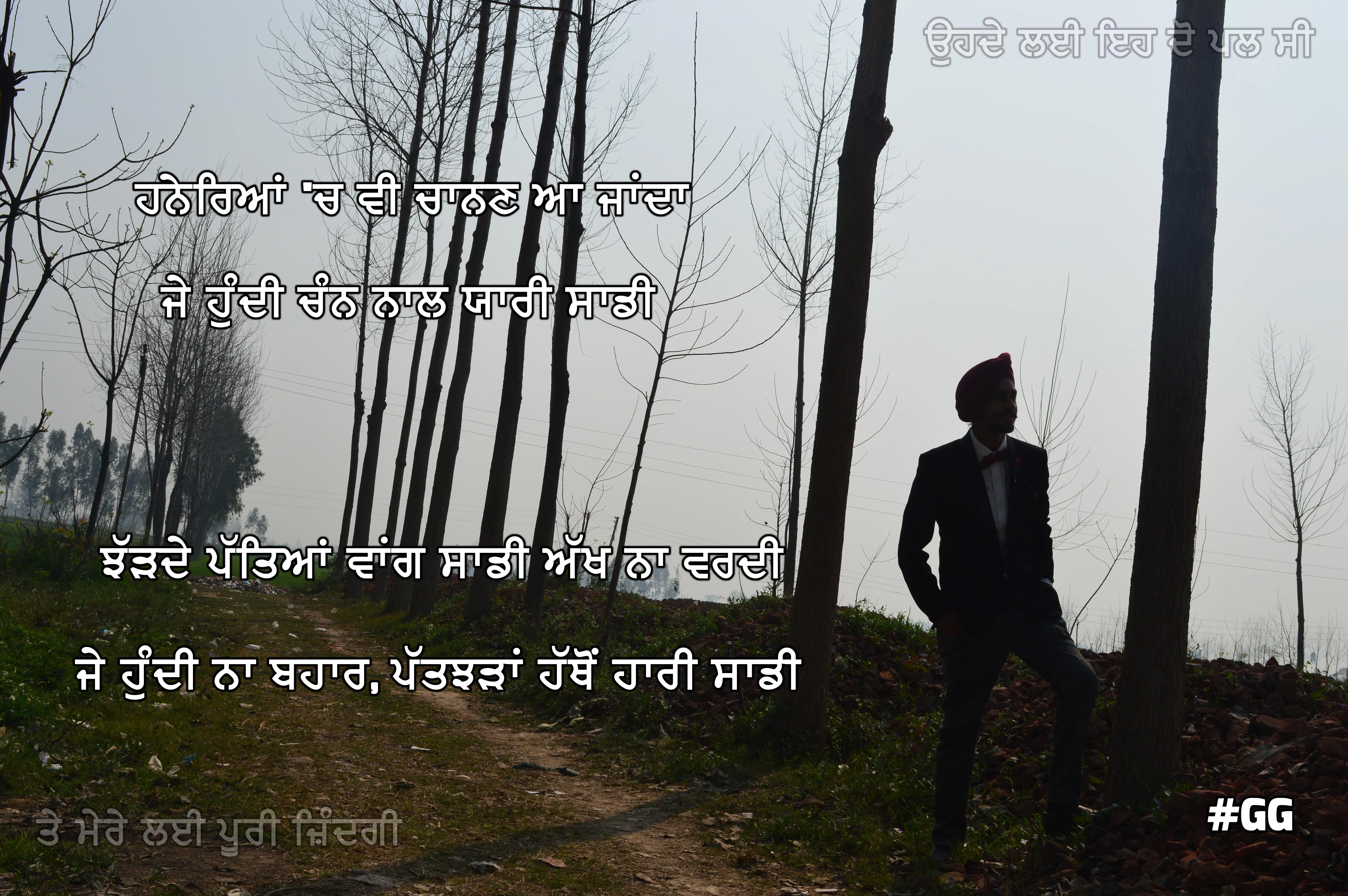 Haneryaan ch v chaanan aa janda je hundi chan naal yaari saadi Jharrde pateyaan vaang sadi akh na vardi je hundi naa bahaar, patjharran hathon haari sadi