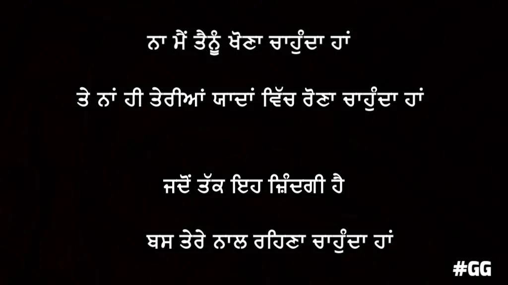 Na main tainu khona chahunda haan na hi teriyaan yaadan vich rauna chahunda haan jadon tak eh zindagi hai bas tere naal rehna chahunda haan