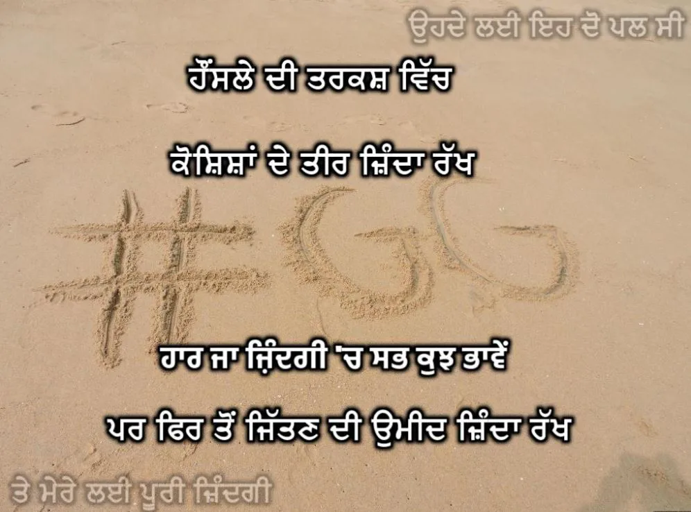 Haunsle di tarkash vich koshishaan de teer zinda rakh haar ja zindagi ch sabh kujh bhawe par fir ton jitan di umeed zinda rakh