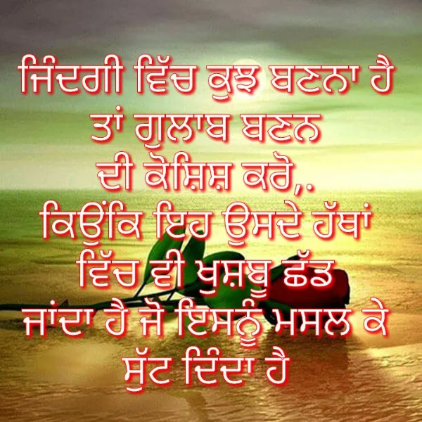 life punjabi statuszindagi vich kujh banna hai tan gulab banan di koshish karo, kyuki eh usde hathaan vich v khusboo chhadd janda hai jo usnu masal ke sutt dinda hai