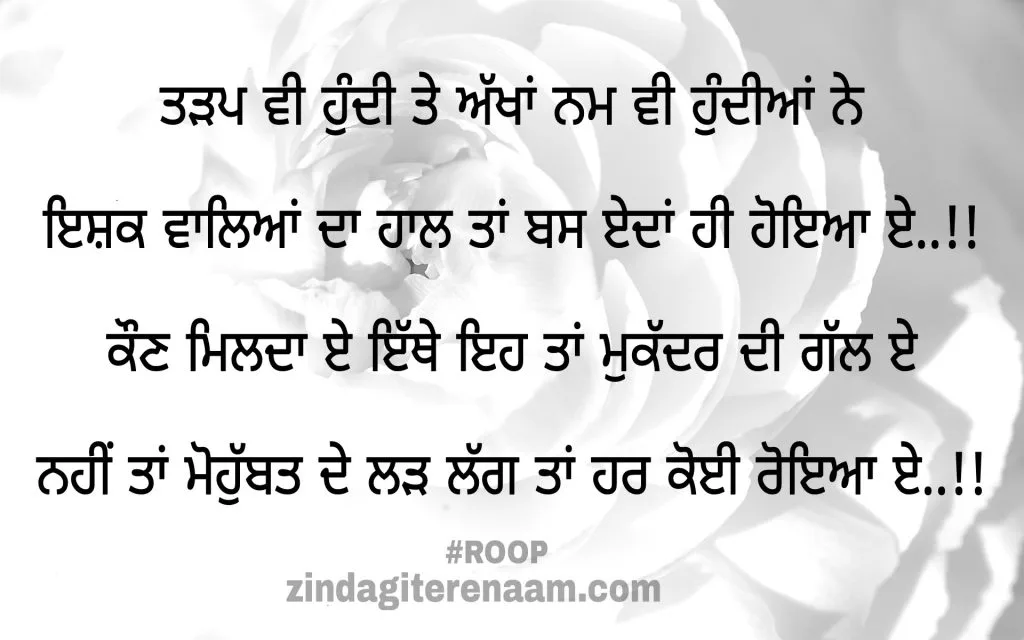 Punjabi best shayari images. True shayari images. Sad but true lines. Best shayari images. Punjabi love shayari images.
Tadap vi hundi te akhan nam vi hundiya ne
Ishq valeya da haal ta bas edda hi hoyia e..!!
Kon milda e ethe eh ta mukaddar di gall e
Nahi ta Mohobbat de larh lagg ta har koi royia e..!!