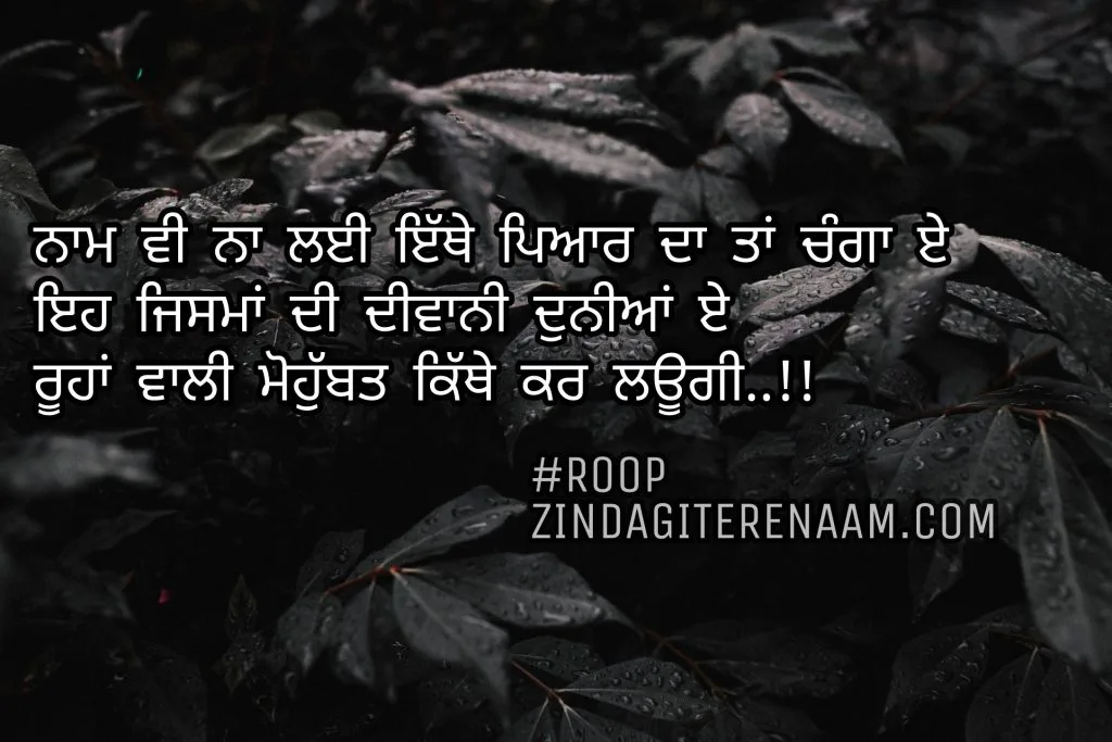 Sad Punjabi shayari. Very sad Punjabi status. Sad Punjabi shayari. True shayari.
Naam vi na layi ethe pyar da ta changa e
Eh jisma di deewani duniya e
Roohan vali mohobbat kithe kar layugi..!!