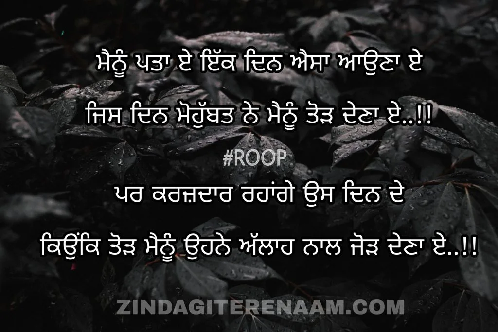 God Punjabi shayari/sad but true shayari/dard Punjabi status/Menu pta e ikk din esa auna e
Jis din mohobbat ne menu Tod Dena e..!!
Par karazdar rahange us din de
Kyunki tod menu onne Allah naal jod Dena e..!!