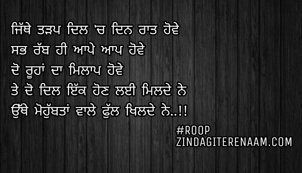 Mohobbat shayari/Punjabi love status/beautiful lyrics shayari/love status/Jithe tadap dil ch din raat howe
Sab rabb hi aape aap howe
Do roohan da milap howe
Te do dil ikk hon layi milde ne
Othe mohobbtan vale full khilde ne..!!
