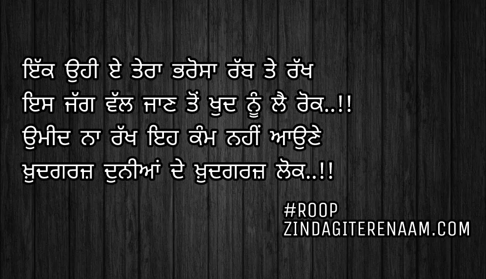True line shayari || Ikk ohi e tera bhrosa rabb te rakh
Es jag val jaan ton khud nu le rok..!!
Umeed na rakh eh kam nahi aune
Khudgarz duniyan de khudgarz lok..!!