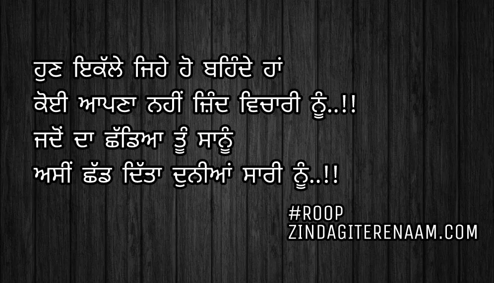 Sad shayari/Punjabi sad status/Hun ikalle jehe ho behnde haan
Koi apna nahi zind vichari nu..!!
Jadon da chaddeya tu sanu
Asi chadd ditta duniya sari nu..!!
