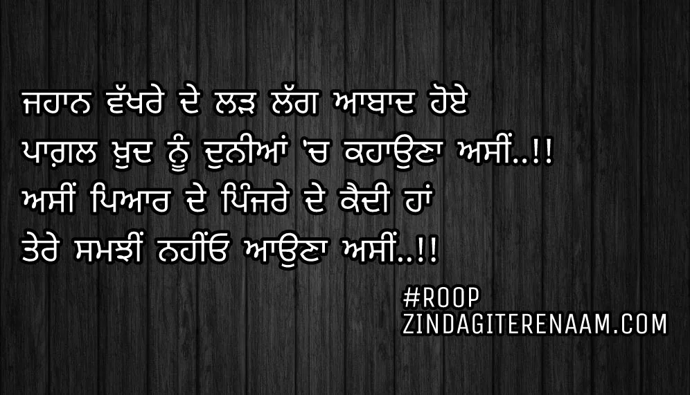 Ghaint Punjabi love shayari/Jahan vakhre de larh lagg aabad hoye
Pagl khud nu duniya ch kahauna asi..!!
Asi pyar de pinjre de kaidi haan
Tere samjhi nhio auna asi..!!