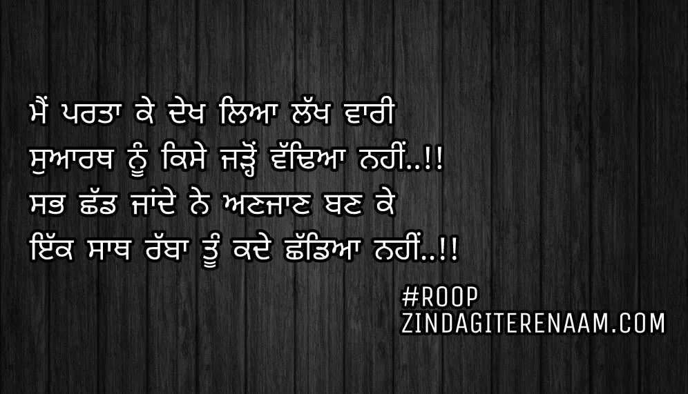 Punjabi true line shayari || Mein parta ke dekh leya lakh vari
Suarth nu kise jadhon vaddeya nahi..!!
Sab shad jande ne anjan ban ke
Ikk sath rabba tu kade shaddeya nahi..!!