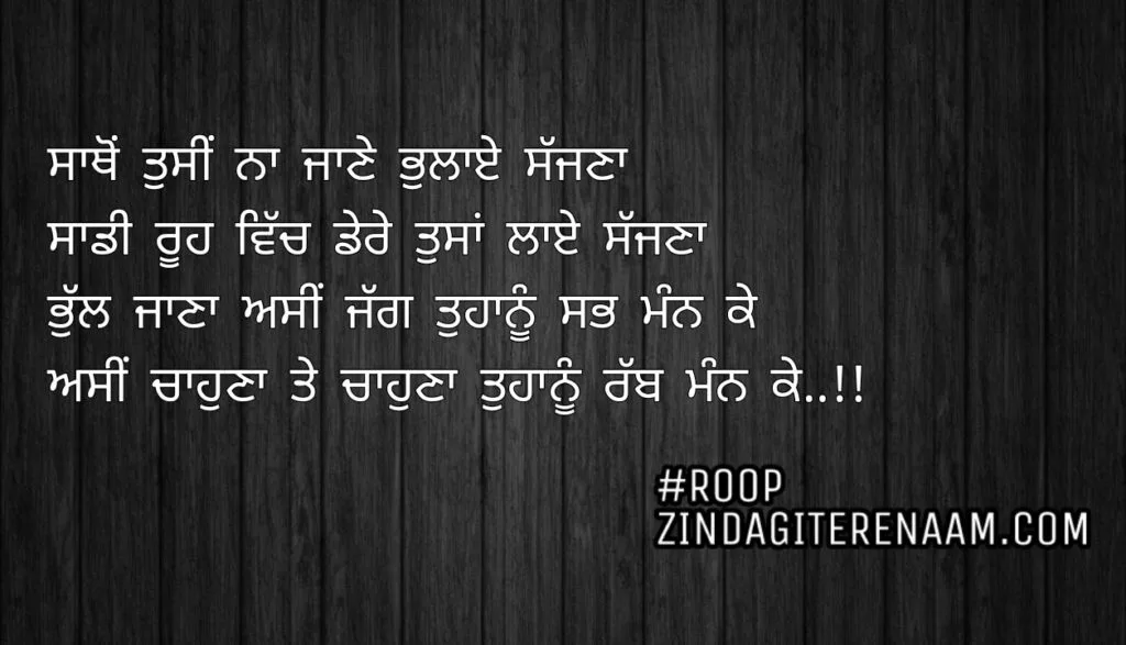 Punjabi love shayari || Sathon tusi na Jane bhulaye sajjna
Sadi rooh de vich dere tusa laye sajjna
Bhull Jana asi jagg tuhanu sab mann ke
Asi chahuna te chahuna Tuhanu rabb mann ke..!!