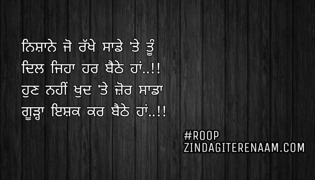 Punjabi love shayari || Nishane Jo rakhe sade te tu
Dil jeha har bethe haan..!!
Hun nahi khud te zor sada
Gurha ishq kar bethe haan..!!