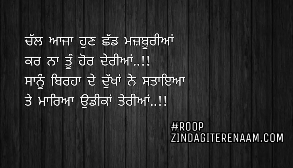 Sad punjabi shayari || Chal aaja hun shad majbooriyan
Kar na tu hor deriyan..!!
Sanu birha de dukhan ne staya
Te maareya udeekan teriyan..!!
