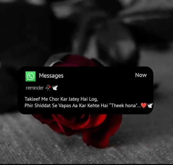 Hindi shayari images/ takleef mein chod jate hain log, phir shiddat se vapas aakr kehte hain 'thik ho na'.