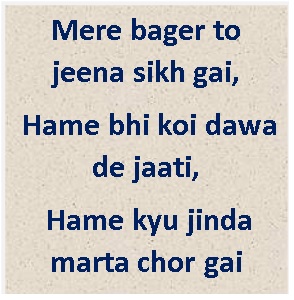 Mere bager to jeena sikh gai
Hame bhi koi dawa de jaati
Hame kyu jinda
marta chorr gai || hindi shayari