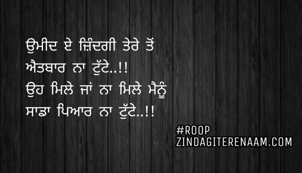Love punjabi shayari || Umeed e zindagi tere ton
Aitbaar Na tutte..!!
Oh mile Na mile menu
Sada pyar Na tutte..!!
