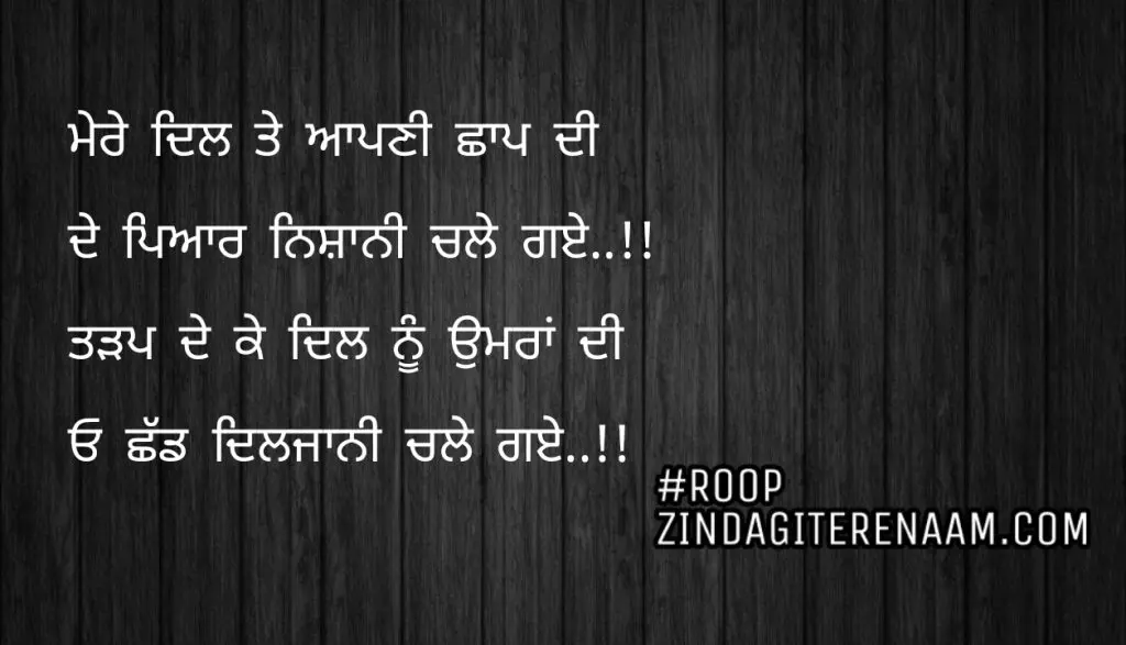 Sad Punjabi shayari || ਮੇਰੇ ਦਿਲ ਤੇ ਆਪਣੀ ਛਾਪ ਦੀ
ਦੇ ਪਿਆਰ ਨਿਸ਼ਾਨੀ ਚਲੇ ਗਏ..!!
ਤੜਪ ਦੇ ਕੇ ਦਿਲ ਨੂੰ ਉਮਰਾਂ ਦੀ
ਓ ਛੱਡ ਦਿਲਜਾਨੀ ਚਲੇ ਗਏ..!!
