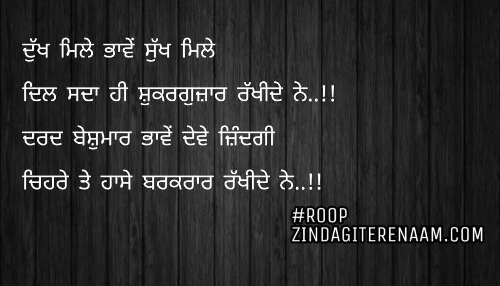 Sad Punjabi shayari || Dukh mile bhawein sukh mile
Dil sada hi shukrguzar rkhide ne..!!
Dard beshumar bhawein dewe zindagi
Chehre te haase barkraar rakhide ne..!! 